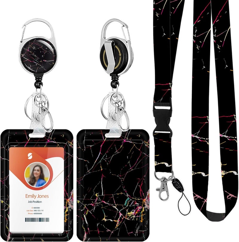 Boutilon ID Badge Holder with Lanyard,Retractable ID Badge Card Holders Detachable Neck Lanyard Strap with Badge Reel and Vertical ID Holder for Nurse Students Teachers Office Staff(Marble Black) - Image 1